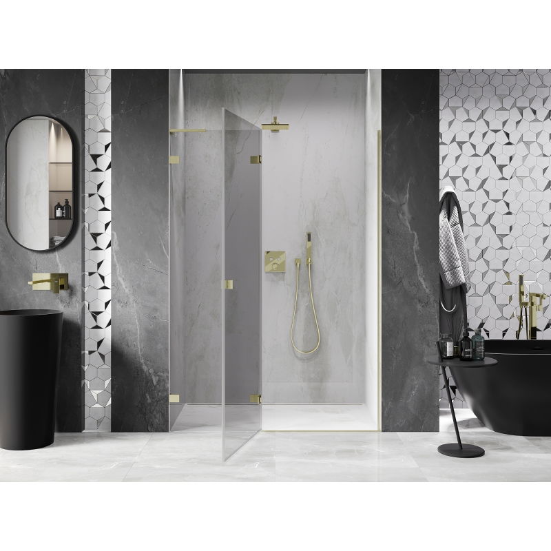 Mexen Lunar L Left Hinged Shower Doors 140 cm, Transparent, Brushed Gold - 834L-140-000-55-00-L