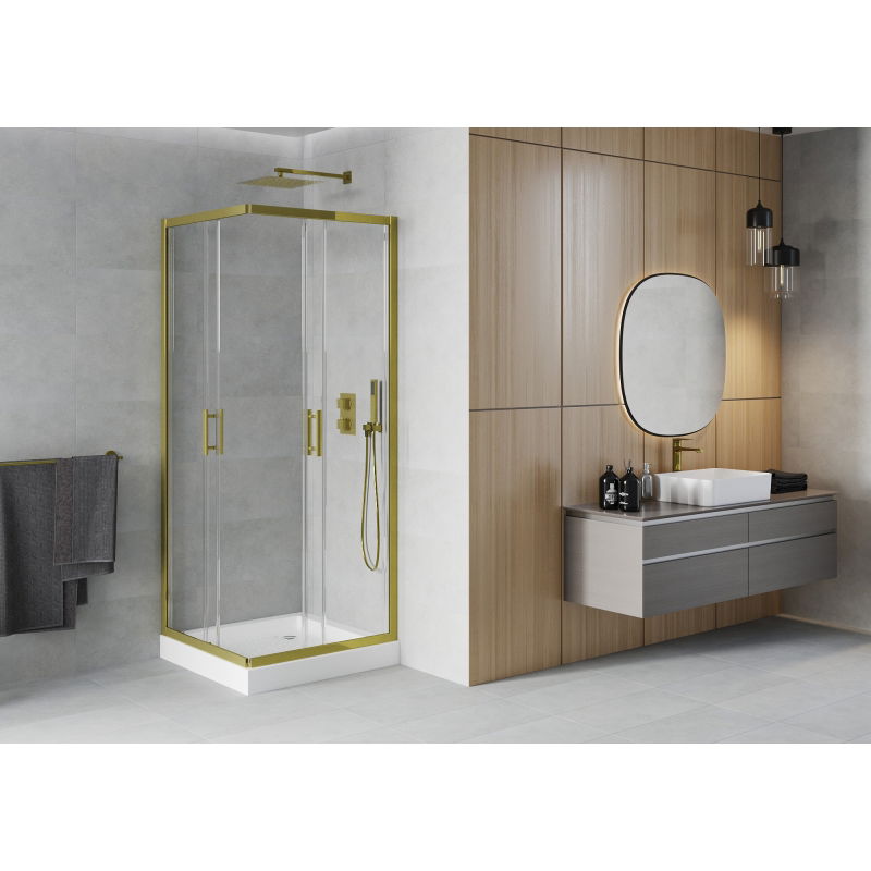 Mexen Rio square shower enclosure 70 x 70 cm, transparent, gold + Rio tray, white - 860-070-070-50-00-4510