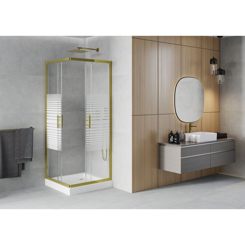 Mexen Rio square shower enclosure 70 x 70 cm, white stripes, gold + tray, white - 860-070-070-50-20-4510