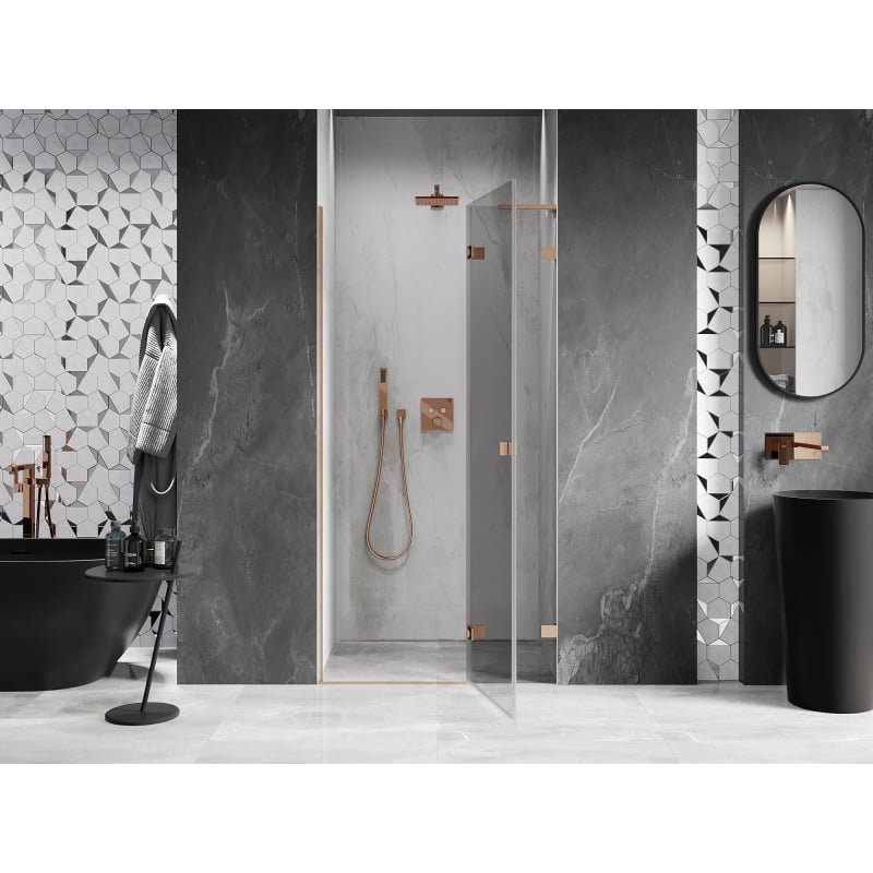 Mexen Lunar L right hinged shower door 95 cm, transparent, brushed copper - 834L-095-000-65-00-P