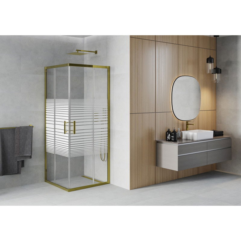 Mexen Rio square shower cabin 90 x 90 cm, white stripes, gold - 860-090-090-50-20