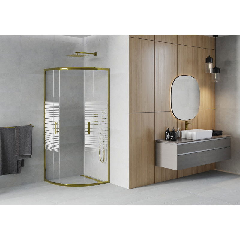 Mexen Rio semi-circular shower cabin 90 x 90 cm, white stripes, gold - 863-090-090-50-20