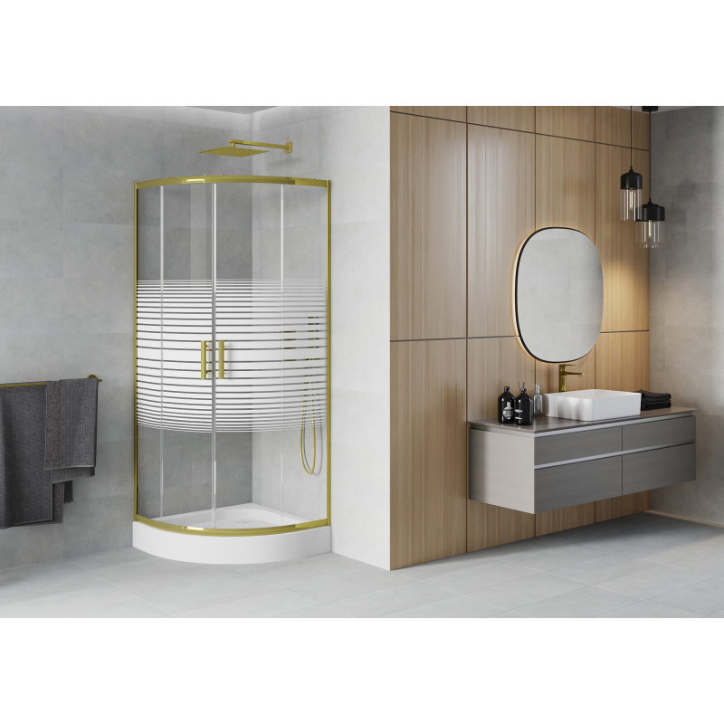 Mexen Rio semi-circular shower cabin 70 x 70 cm, white stripes, gold + tray, white - 863-070-070-50-20-4710