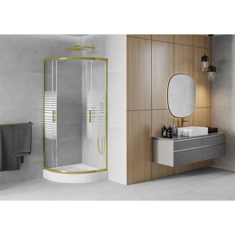 Mexen Rio semi-circular shower cabin 70 x 70 cm, white stripes, gold + shower tray, white - 863-070-070-50-20-4710
