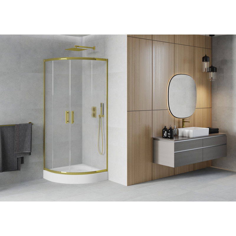 Mexen Rio semi-circular shower enclosure 90 x 90 cm, frost, gold + Rio tray, white - 863-090-090-50-30-4710