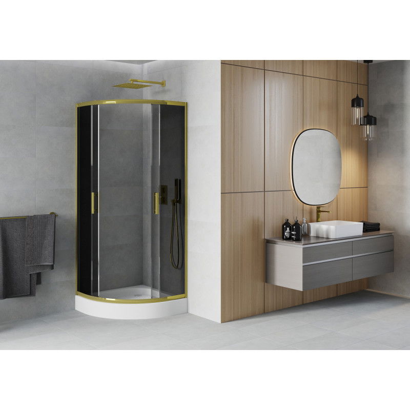 Mexen Rio semi-circular shower cabin 90 x 90 cm, graphite, gold + Rio tray, white - 863-090-090-50-0-4710