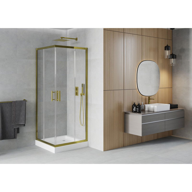 Mexen Rio 80 x 80 cm square shower enclosure, transparent, gold + Rio shower tray, white - 860-080-080-50-00-4510