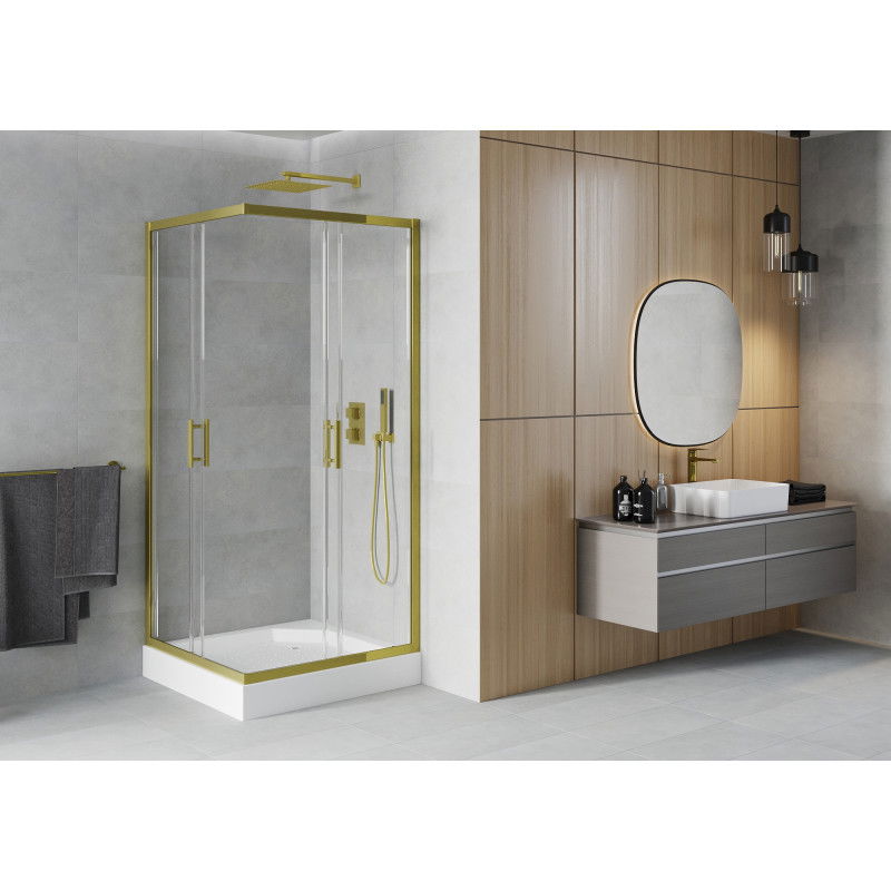 Mexen Rio square shower cabin 90 x 90 cm, transparent, gold + Rio shower tray, white - 860-090-090-50-00-4510