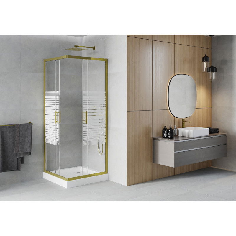 Mexen Rio 80 x 80 cm square shower cabin, white stripes, gold + tray, white - 860-080-080-50-20-4510