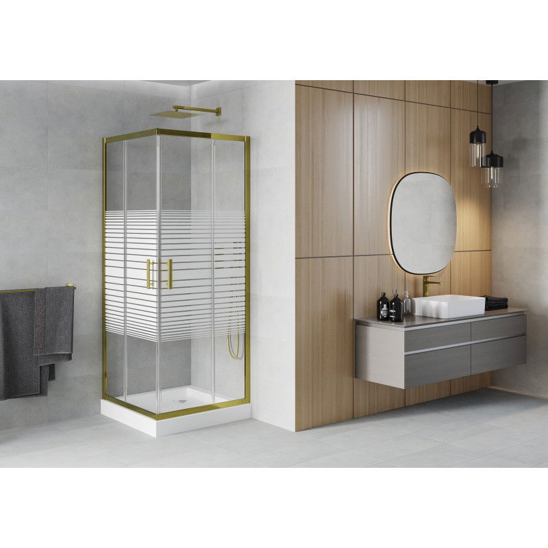 Mexen Rio 80 x 80 cm square shower cabin, white stripes, gold + tray, white - 860-080-080-50-20-4510