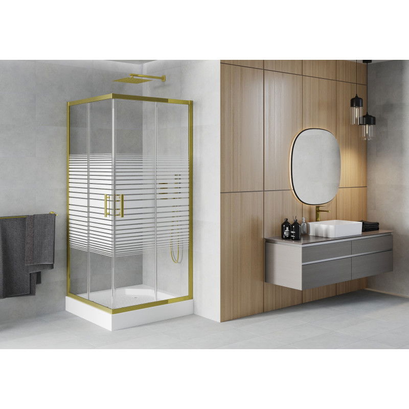 Mexen Rio square shower cabin 90 x 90 cm, white stripes, gold + tray, white - 860-090-090-50-20-4510