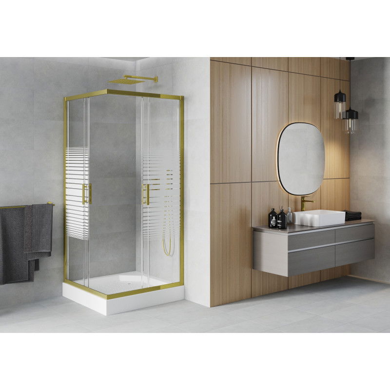 Mexen Rio square shower cabin 90 x 90 cm, white stripes, gold + tray, white - 860-090-090-50-20-4510
