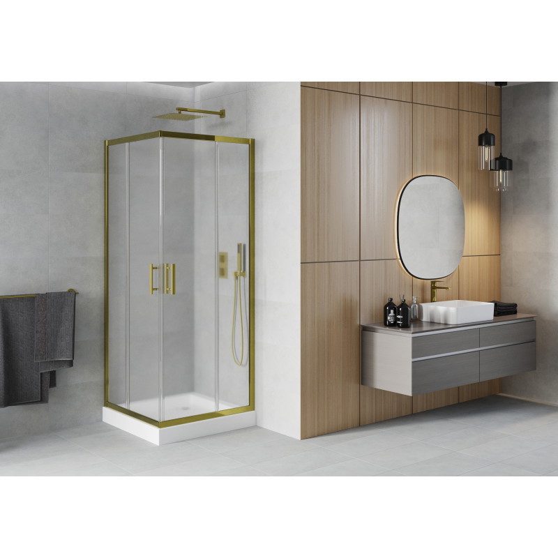 Mexen Rio 80 x 80 cm square shower enclosure, frosted, gold + shower tray, white - 860-080-080-50-30-4510