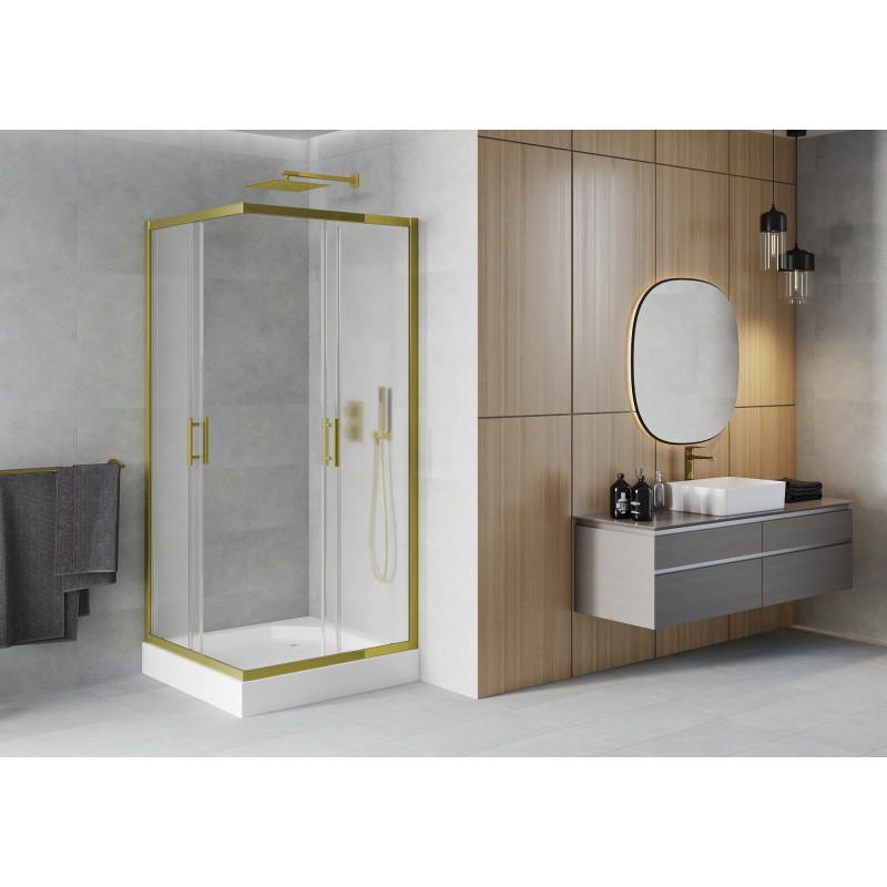 Mexen Rio 90 x 90 cm Square Shower Cabin, Frosted, Gold + Shower Tray, White - 860-090-090-50-30-4510
