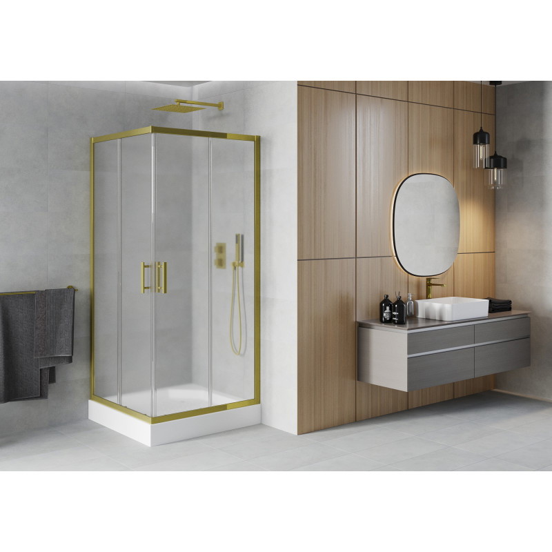 Mexen Rio 90 x 90 cm Square Shower Cabin, Frosted, Gold + Shower Tray, White - 860-090-090-50-30-4510
