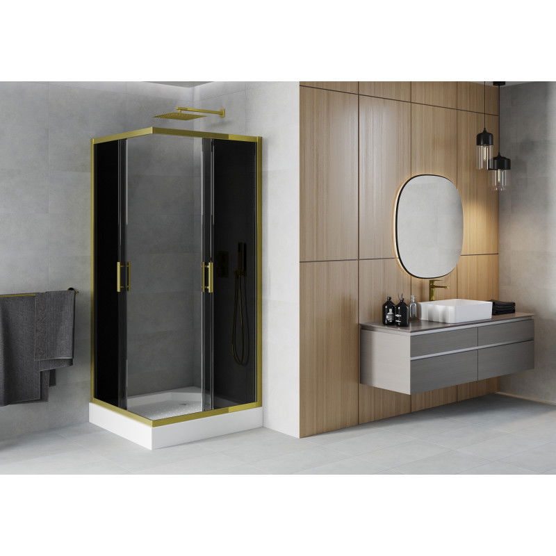 Mexen Rio square shower cabin 90 x 90 cm, graphite, gold + Rio shower tray, white - 860-090-090-50-40-4510