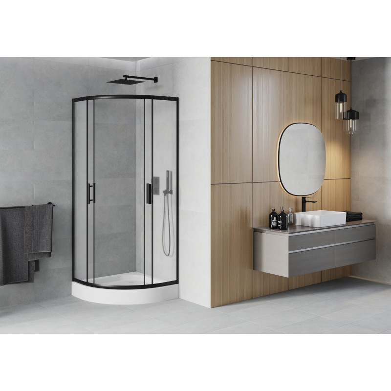 Mexen Rio shower enclosure semicircular 80 x 80 cm, frost, black + shower tray, white - 863-080-080-70-30-4710