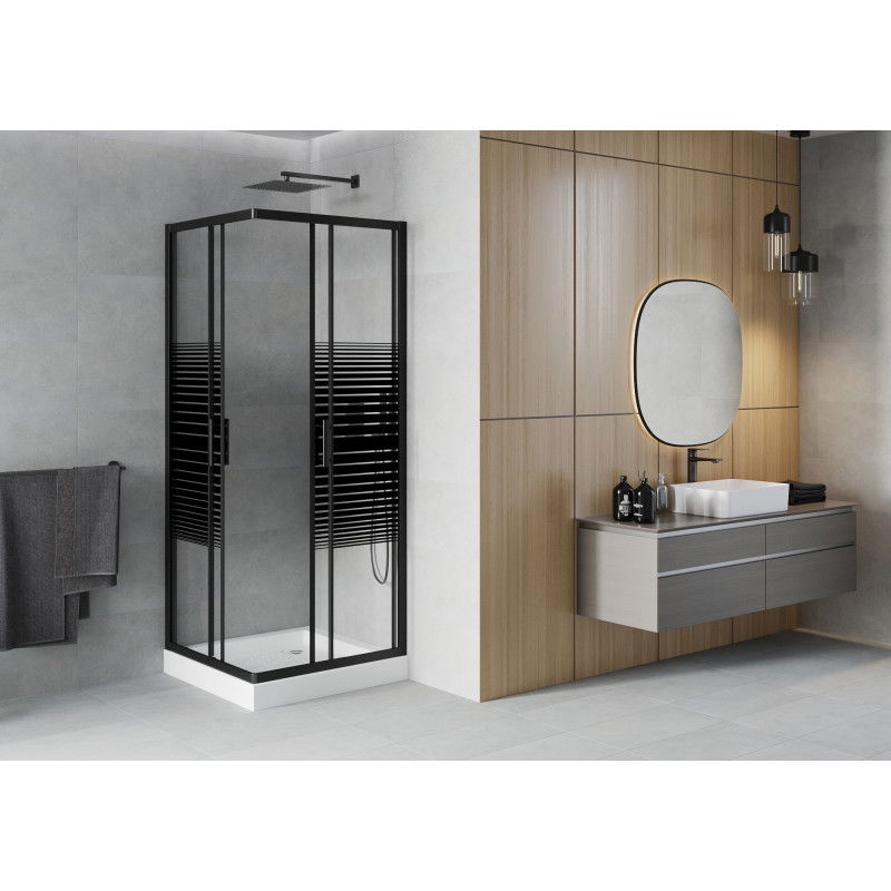 Mexen Rio square shower enclosure 80 x 80 cm, black stripes, black + shower tray, white - 860-080-080-70-20-4510