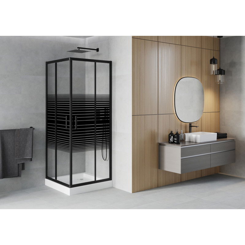 Mexen Rio square shower enclosure 80 x 80 cm, black stripes, black + shower tray, white - 860-080-080-70-20-4510
