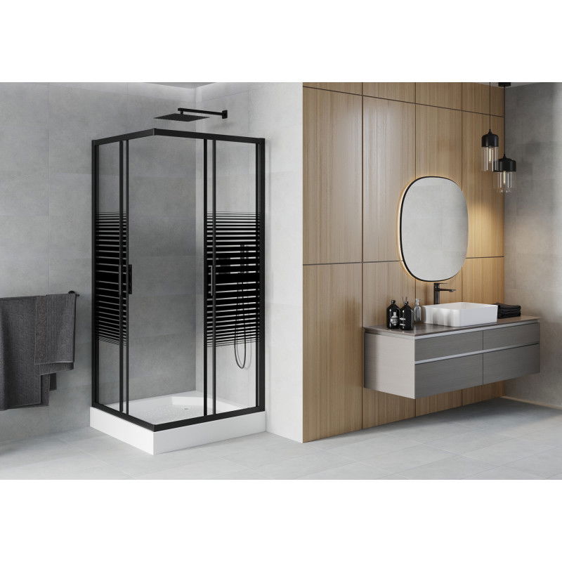 Mexen Rio square shower cabin 90 x 90 cm, black stripes, black + tray, white - 860-090-090-70-20-4510
