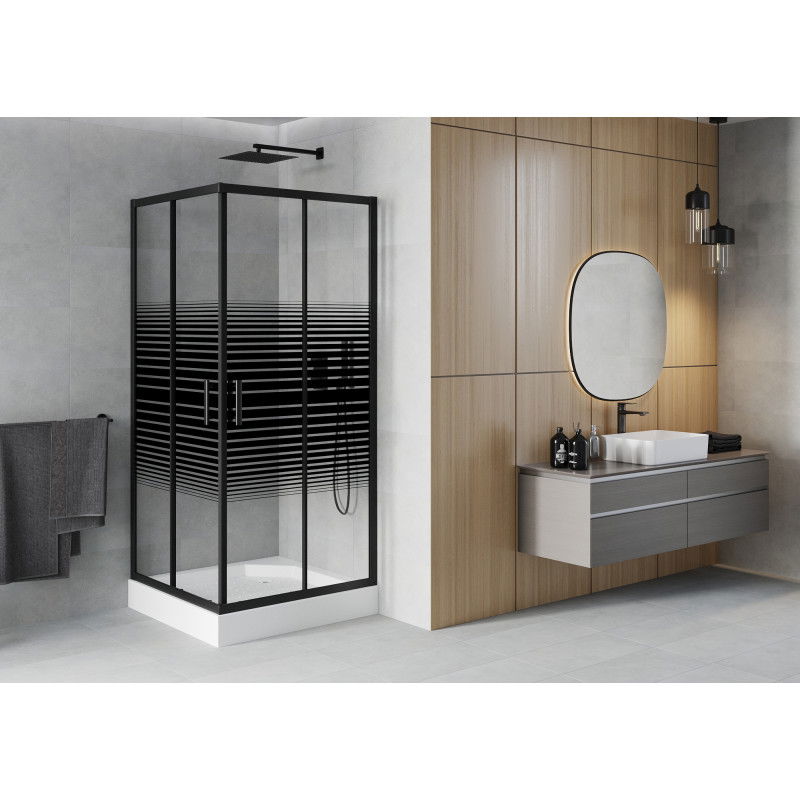Mexen Rio square shower cabin 90 x 90 cm, black stripes, black + tray, white - 860-090-090-70-20-4510