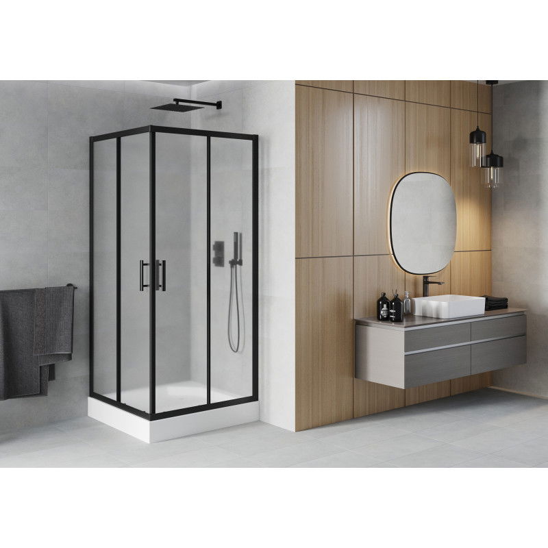 Mexen Rio Square Shower Enclosure 90 x 90 cm, Frosted, Black + Rio Shower Tray, White - 860-090-090-70-30-4510