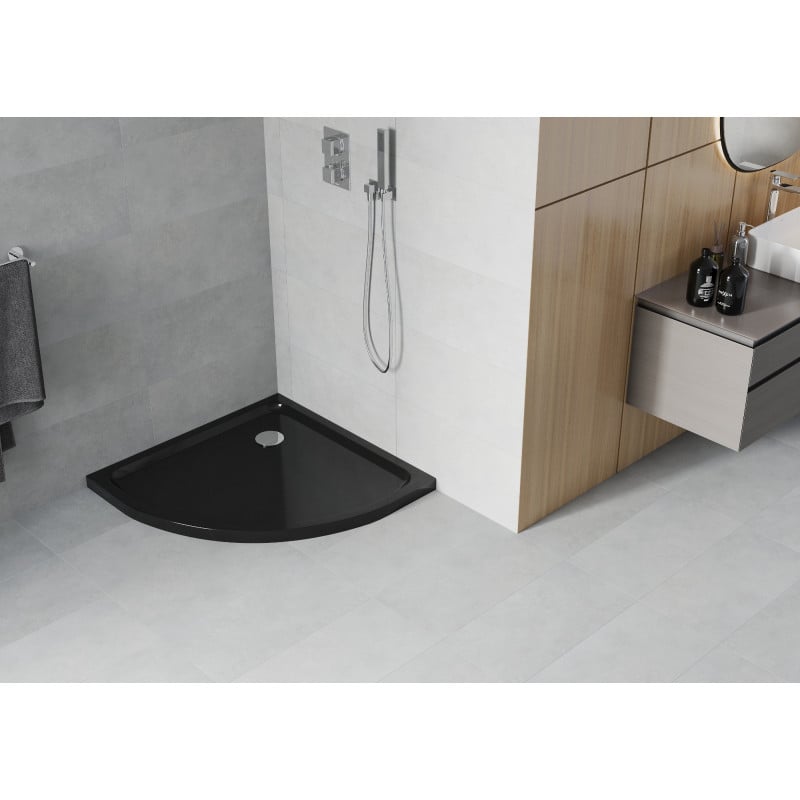 Mexen Flat semi-circular slim shower tray 100 x 100 cm, black, chrome siphon - 41701010