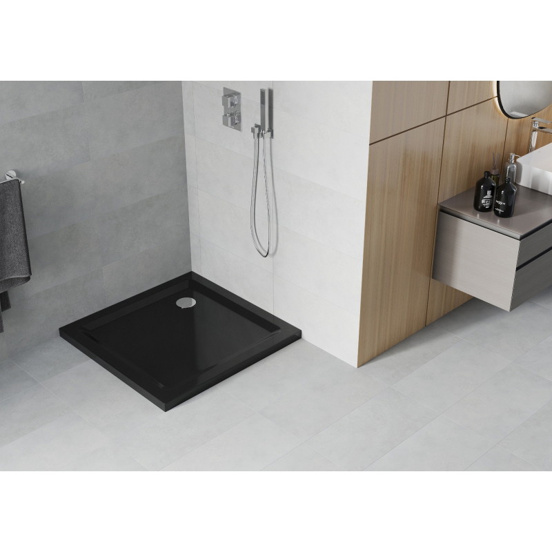 Mexen Flat slim square shower tray 70 x 70 cm, black, chrome siphon - 40707070