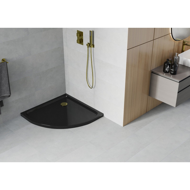 Mexen Flat semi-circular slim shower tray 100 x 100 cm, black, gold siphon - 41701010G