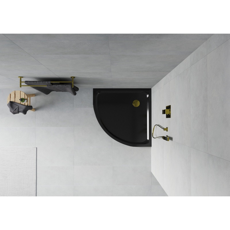 Mexen Flat semi-circular slim shower tray 100 x 100 cm, black, gold siphon - 41701010G