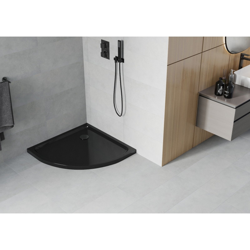 Mexen Flat slim semicircular shower tray 100 x 100 cm, black, black siphon - 41701010B