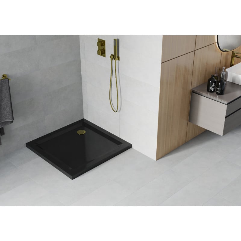 Mexen Flat square shower tray slim 70 x 70 cm, black, siphon gold - 40707070G
