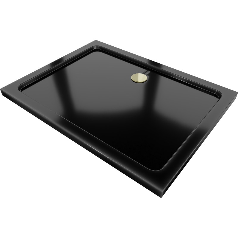 Mexen Flat rectangular slim shower tray 110 x 70 cm, black, gold siphon - 40707011G
