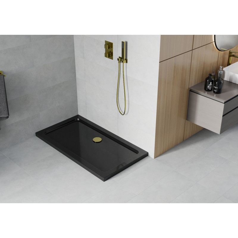 Mexen Flat slim rectangular shower tray 140 x 70 cm, black, gold siphon - 40707014G