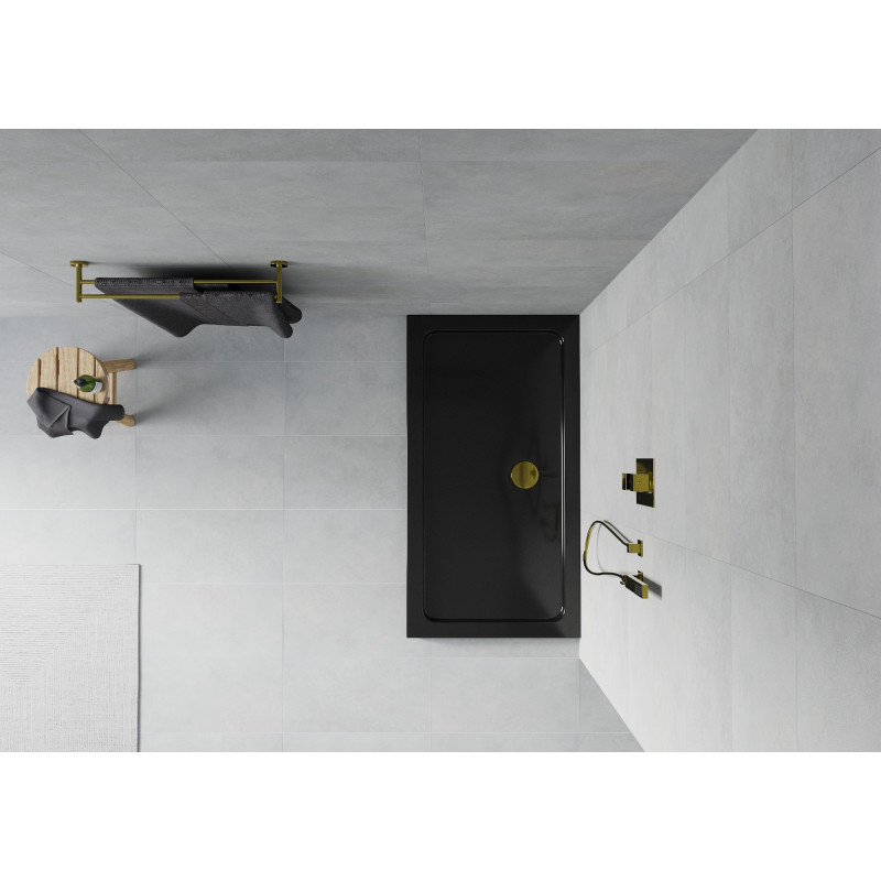 Mexen Flat slim rectangular shower tray 140 x 70 cm, black, gold siphon - 40707014G