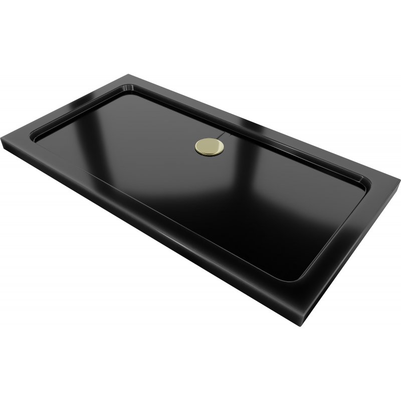 Mexen Flat rectangular slim shower tray 130 x 70 cm, black, gold siphon - 40707013G