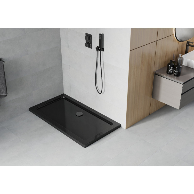 Mexen Flat slim rectangular shower tray 140 x 70 cm, black, with black siphon - 40707014B