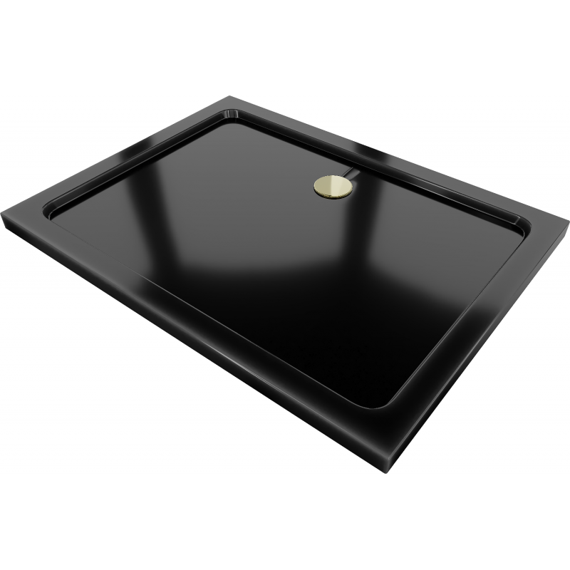 Mexen Flat slim rectangular shower tray 140 x 80 cm, Black, Gold siphon - 40708014G