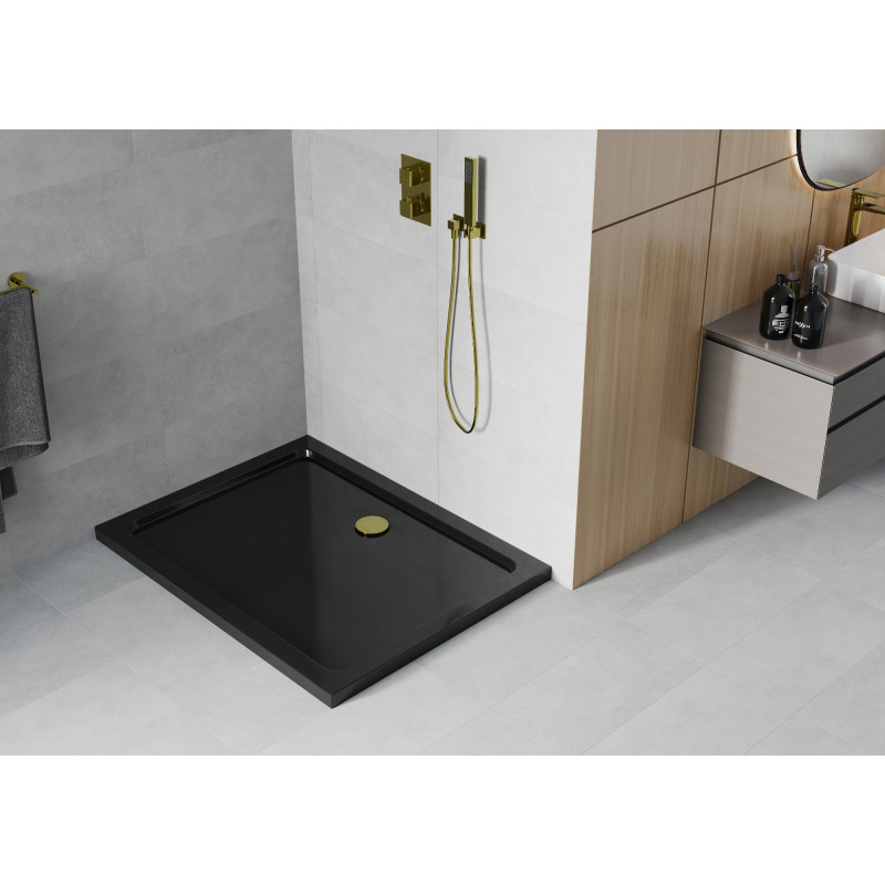 Mexen Flat rectangular slim shower tray 140 x 90 cm, black, golden siphon - 40709014G