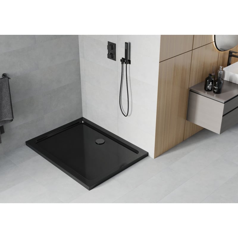Mexen Flat rectangular slim shower tray 110 x 90 cm, black, black siphon - 40709011B