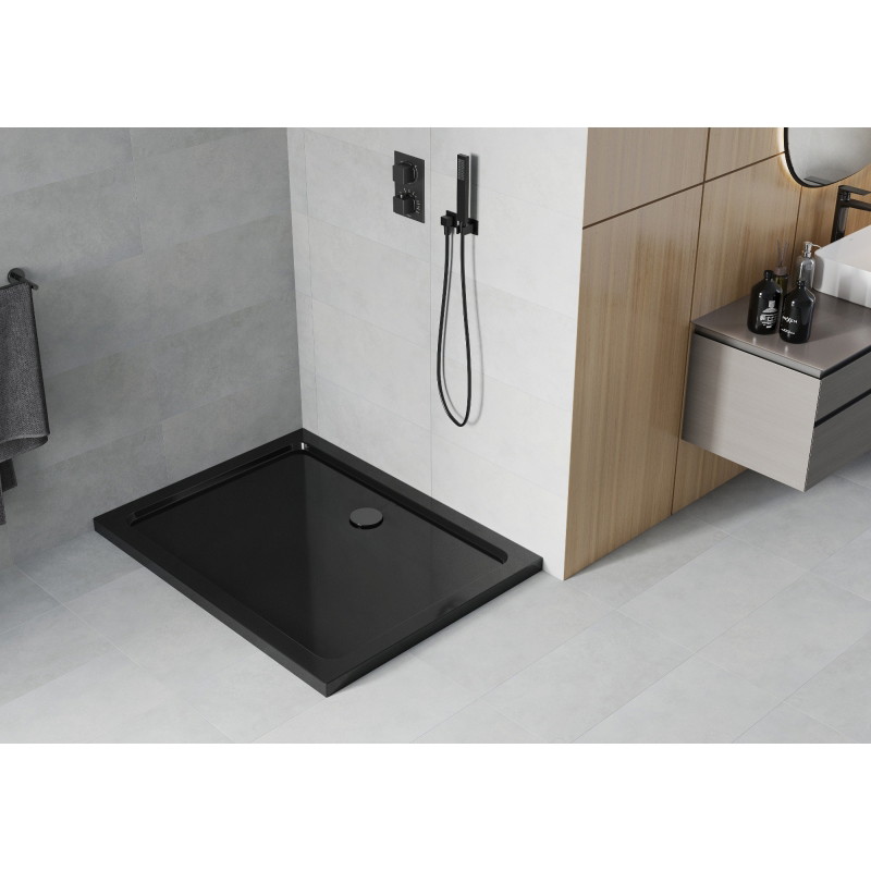 Mexen Flat slim rectangular shower tray 130 x 90 cm, black, black siphon - 40709013B