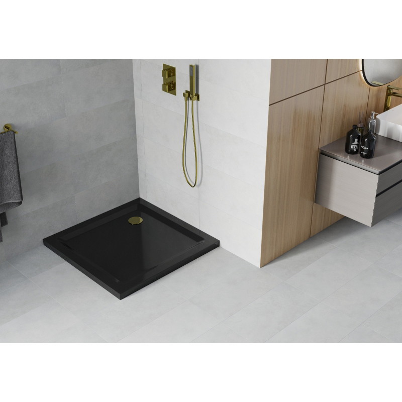 Mexen Flat square shower tray slim 100 x 100 cm, black, gold drain - 40701010G