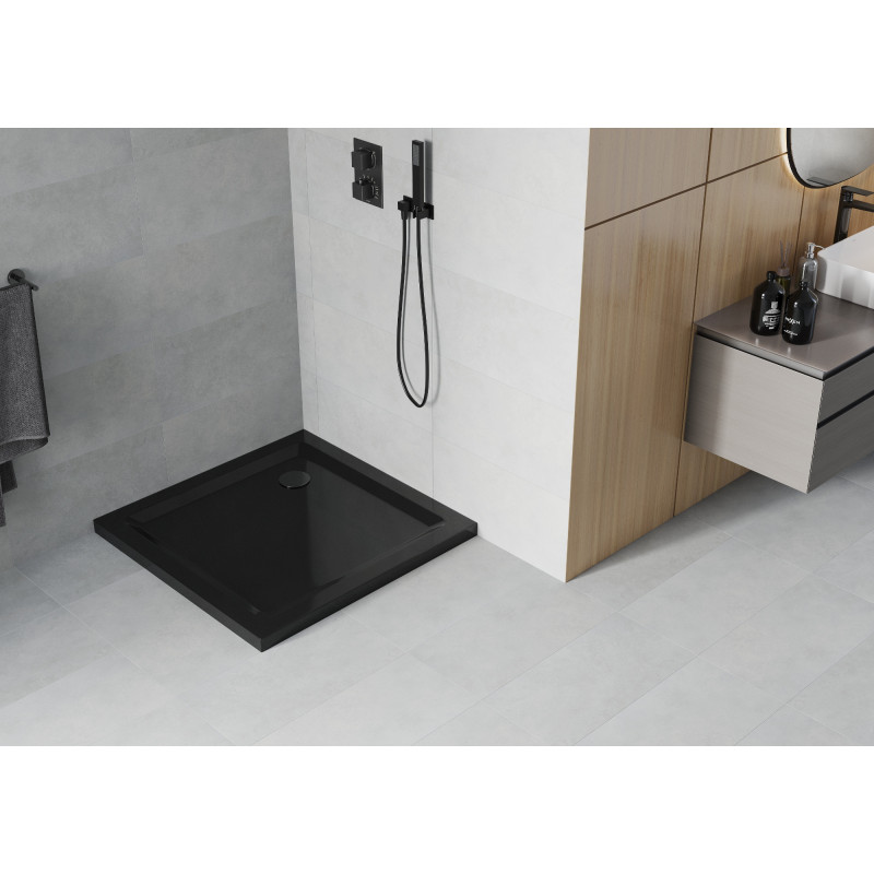 Mexen Flat square slim shower tray 100 x 100 cm, black, black siphon - 40701010B