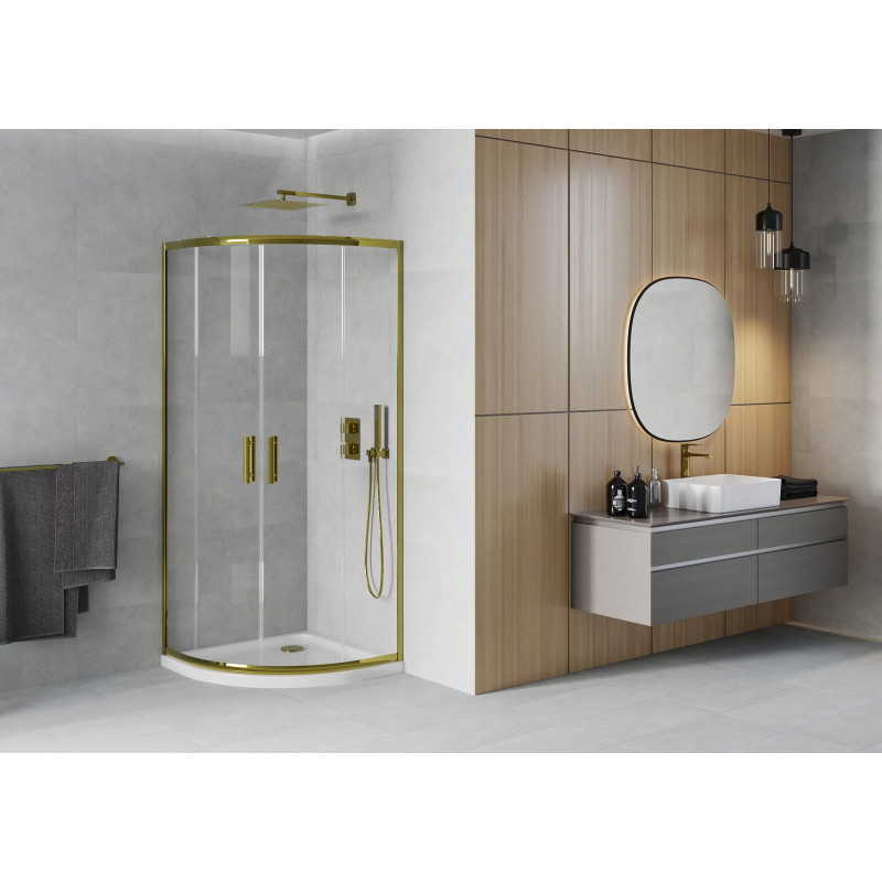 Mexen Rio semi-circular shower cabin 80 x 80 cm, transparent, gold + Flat shower tray, white - 863-080-080-50-00-4110G
