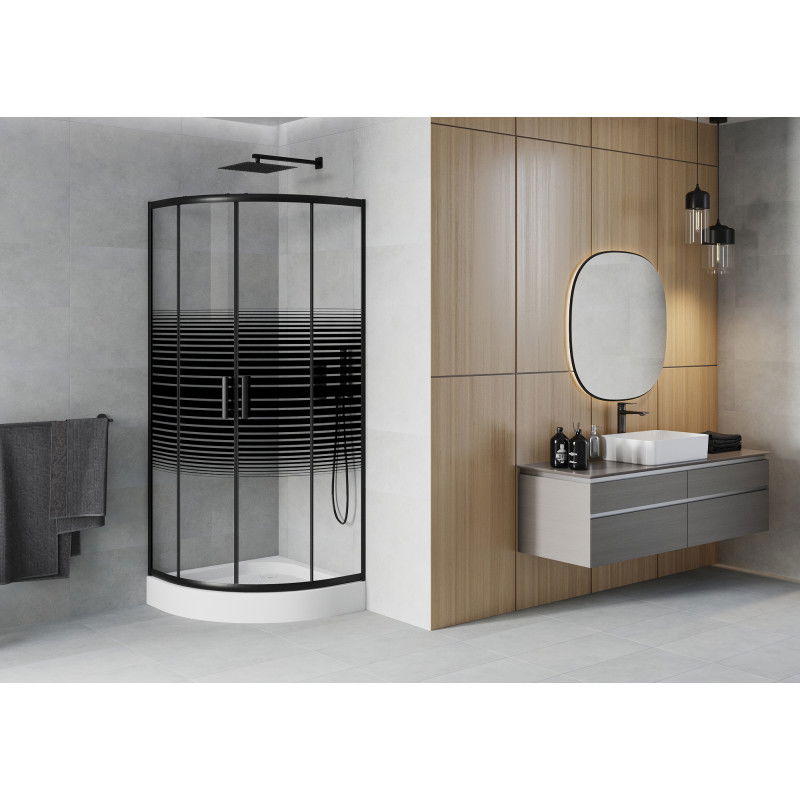 Mexen Rio Semi-circular shower cabin 80 x 80 cm, black stripes, black + tray, white - 863-080-080-70-20-4710