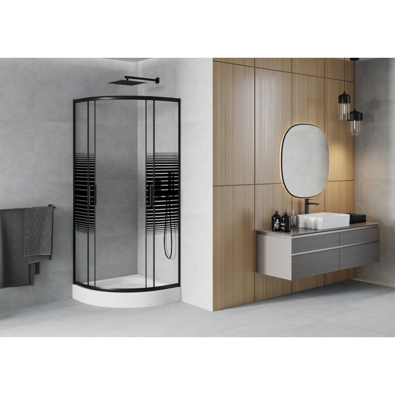 Mexen Rio semi-circular shower cabin 90 x 90 cm, black stripes, black + tray, white - 863-090-090-70-20-4710