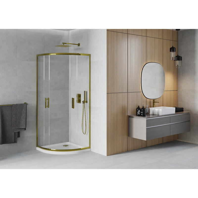 Mexen Rio semi-circular shower cabin 80 x 80 cm, transparent, gold + Flat shower tray, white - 863-080-080-50-00-4110G