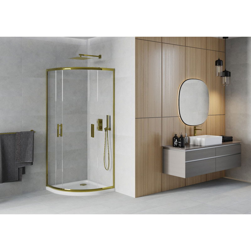 Mexen Rio semi-circular shower cabin 90 x 90 cm, transparent, gold + Flat tray, white - 863-090-090-50-00-4110G