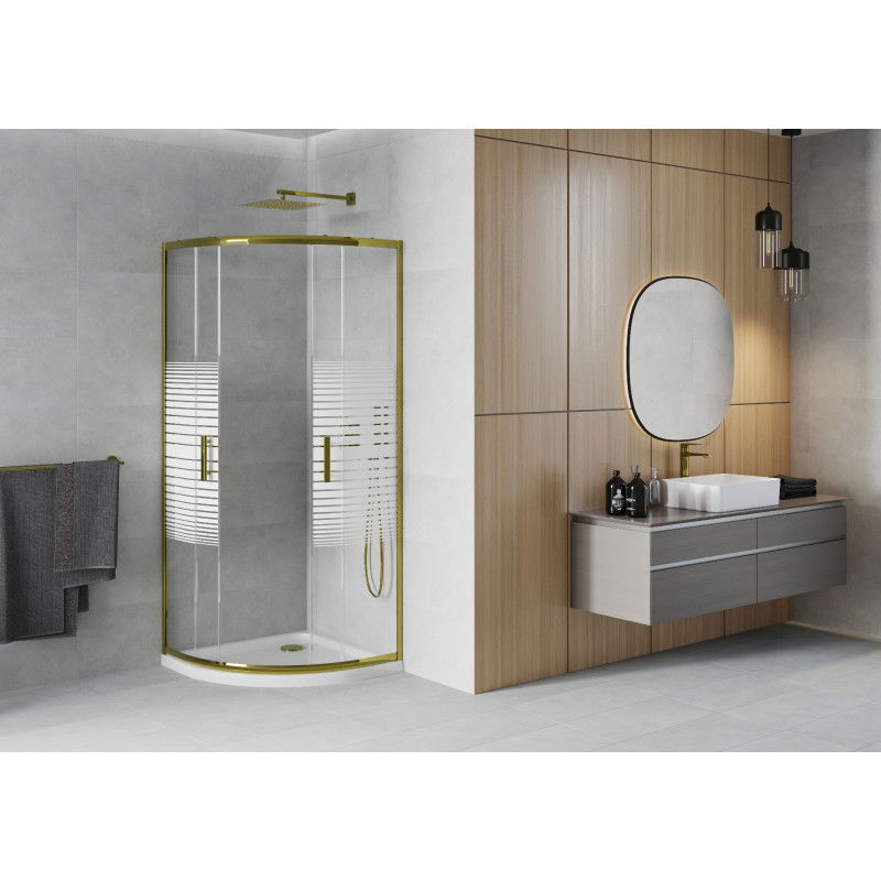 Mexen Rio semicircular shower cabin 90 x 90 cm, white stripes, gold + Flat tray, white - 863-090-090-50-20-4110G