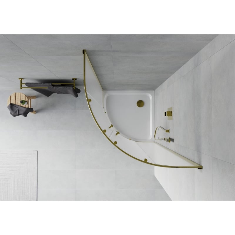 Mexen Rio semi-circular shower cabin 90 x 90 cm, frost, gold + Flat shower tray, white - 863-090-090-50-30-4110G